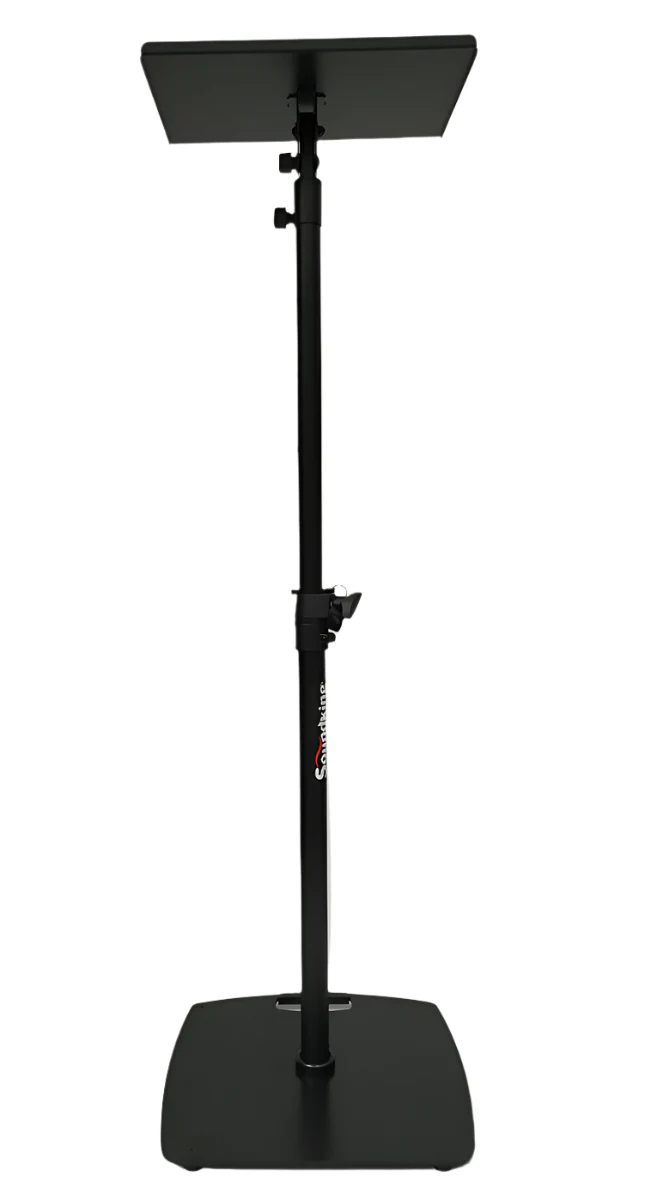Studio monitor stand with large top tray and steel base plate
